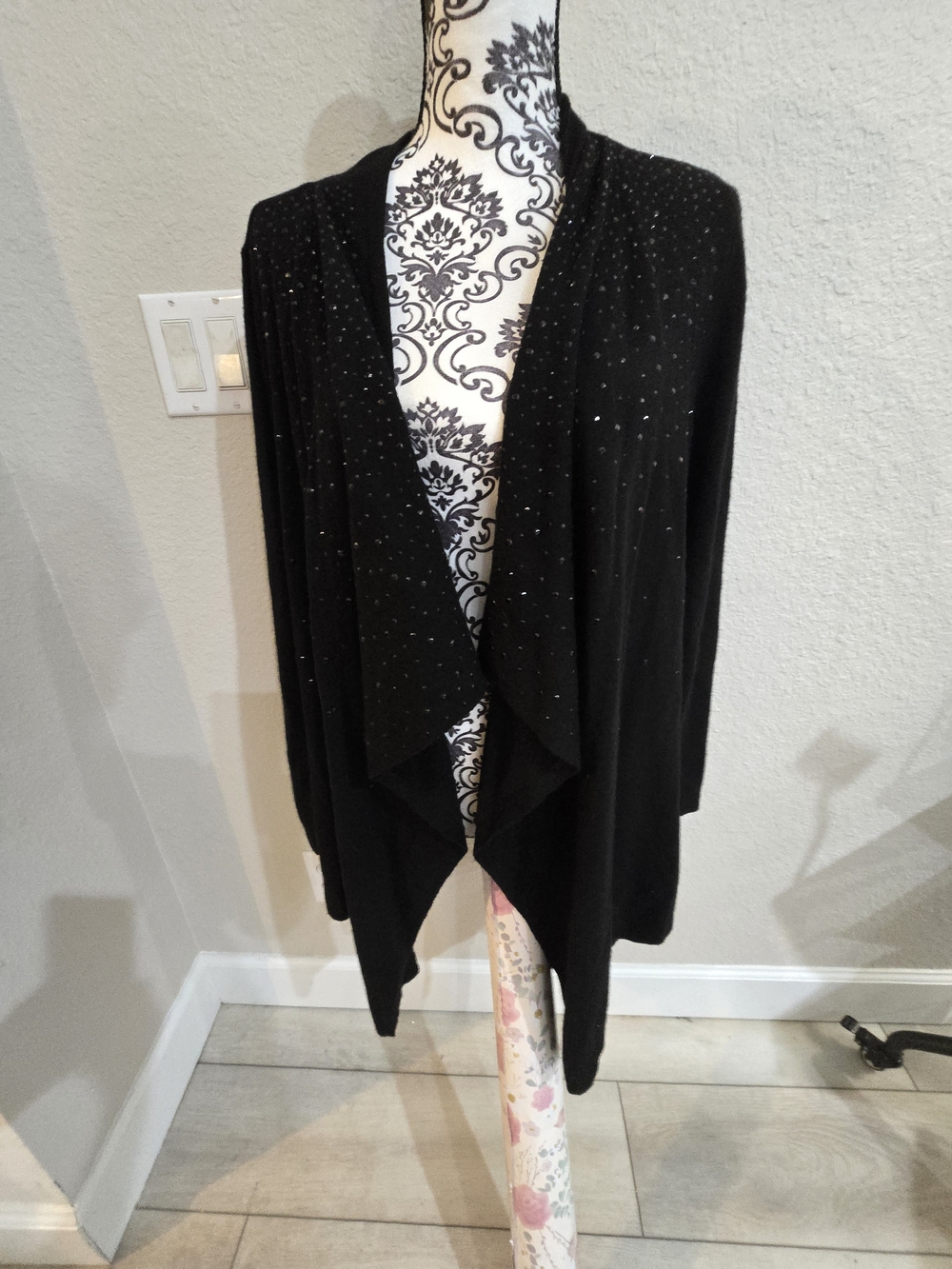 INC International Concepts Black Open-Front Draped Cardigan with Sparkle
